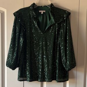 Crown & Ivy Green Sequin Blouse Size Petite Large